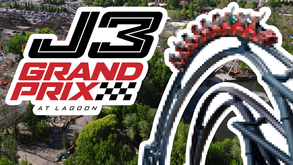 A teaser image for J3 Grand Prix featuring the ride's logo and a pixelated image of a roller coaster.